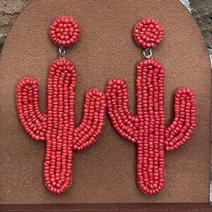 Beaded Saguaro Cactus Earrings - Red